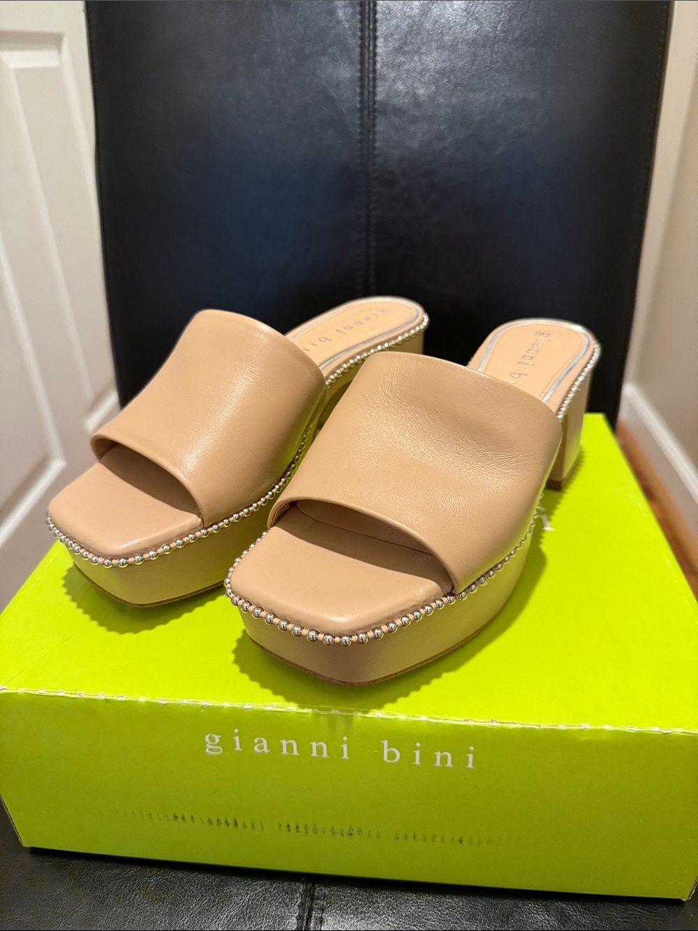 Gianni Bini Beige Platform Slide Sandals with Beaded Trim